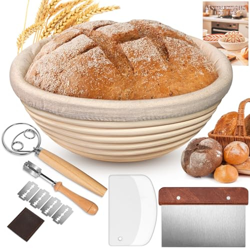 Sourdough Starter Kit 6 PCS, 9 Round Natural Rattan Banneton Proofing Basket Gift Set with Linen Cover – Bread Baking Accessories Includes Plastic Scraper, Dough Cutter, Bread Lame, Dough Whisk