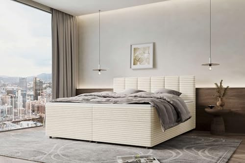 99rooms Bergamo Boxspringbett 200x200 Creme Topper 6 cm | Cordstoff Ambience, BFK-Matratze