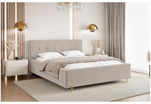 MEBLINI Fabio Polsterbett 180x200 mit Stauraum - Lattenrost und Bettkasten - Kopfteil Bett mit Stauraum - Doppelbett - Stauraumbett - Betten - 180x200 - Beige Samt/H3 Matratze