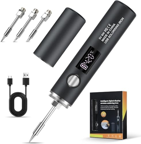 Saldatore a Stagno, Saldatore senza fili USB, saldatore a stagno a batteria | 8W saldatore elettrico portatile USB ricaricabile con display LCD, Temperatura Regolabile, 3 Punte, per riparazioni Saldatura