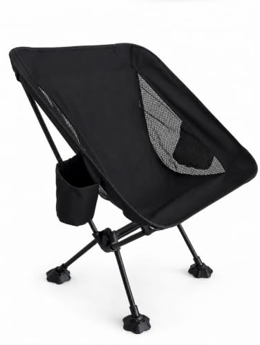 EVOCAMP Campingstuhl faltbar, bis 150 kg, klappbarer Anglerstuhl, 1,11 kg leicht, kleines Packmaß, 7075-Aluminium, 600D-Oxford, mit Getränkehalter & Seitentasche, breite Standfüße