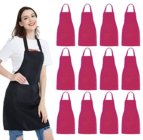 NOBONDO, Confezione da 12 grembiuli da cucina con pettorina, unisex, colore rosa, con 2 ampie tasche, lavabili in lavatrice, per cucina, artigianato, barbecue, pittura