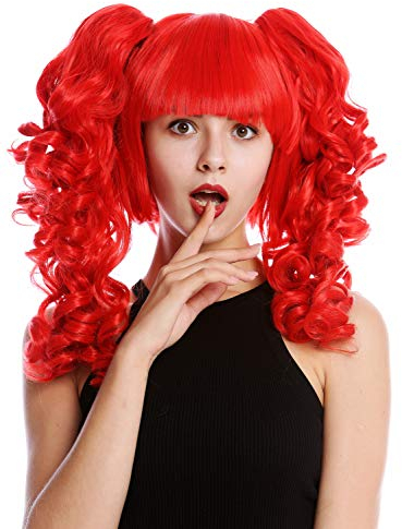 WIG ME UP - YZF-7080+A-113 Perücke Damen Cosplay 3-teilig kurz Bob + lange abnehmbare Zöpfe Spirallocken Rot