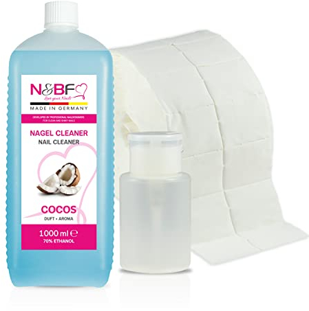 NAILS FACTORY Nagel Cleaner Cocos Duft 1000ml + Dispenser Pumpflasche (Weiß) + 1000 Zelletten Pads – 70% Ethanol – Allrounder für Nageldesign, Reinigung & Schwitzschicht-Entfernung
