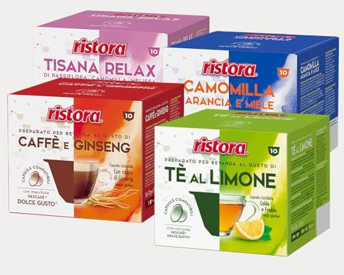 MIX 40 Capsule RISTORA Comaptibili con Dolce Gusto - 4 Miscele (10 Camomilla Arancia e Miele, 10 The A Limone, 10 Tisana Relax, 10 Ginseng)
