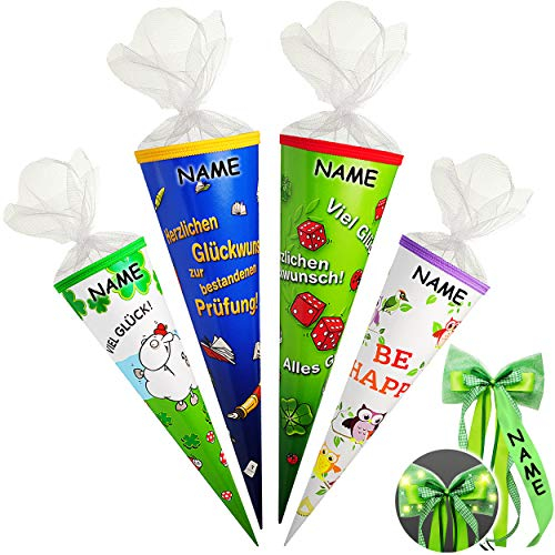 Schultüte - Viel Glück/Alles Gute/Herzlichen Glückwunsch - Prüfung - 50 cm - rund - incl. Name und individueller großer LED LICHT - Schleife - Tüllabschlu..