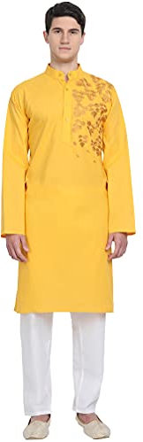 SKAVIJ Men's Cotton Embroidered Kurta Pyjama Set Floral Ethnic Motifs Festive Ethnic Dress (KP076gold_Gold_XL)