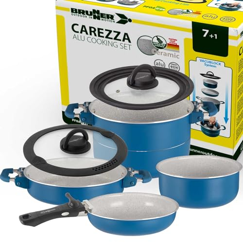 BRUNNER: Camping Kochgeschirr Keramik Topfset (Töpfe und Pfannen) - 6+2 teilig ø 20 cm CAREZZA NG - 2 Personen, Stapelbar, Antihaft, Leicht, Hochwertig