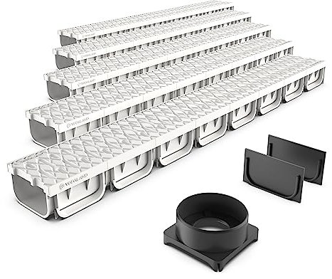 Canaleta de Desagüe VODALAND EASY 2 con Rejilla de Plástico color Blanco - Kit de 5 Metros para Drenaje en Jardín, Aguas Pluviales y Terraza