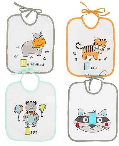 Ti TIN | Pack de 4 Baberos Impermeables para Bebés 73% Algodón 27% Poliéster Forro Vinilo | Baberos con Cierre con Cintas para Bebés de 6 a 18 Meses | Divertidos estampados surtidos.