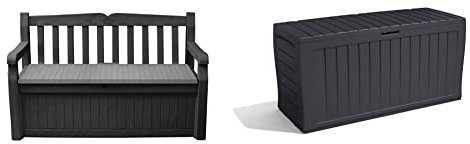 Keter Eden Bench Outdoor Storage Box Garden Furniture, Graphite and Grey, 132.5L x 75W x 18.5H cm & Marvel+ 270L Garden Storage Box - Graphite Grey