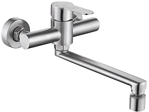 HomeLava Wand Küchenarmatur Wandarmatur Wandmontage Spültischarmatur Küchen Wasserhahn Einhebelmischer mit 2 Strahlarten Auslauf und 360° Drehbar Lange Ausführung für Küche Edelstahl gebürstet