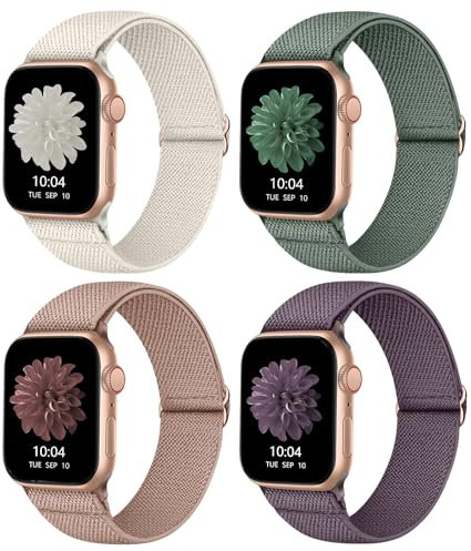 CCnutri 4 Pack Stretchy Nylon Strap Compatible with Apple Watch Straps 38mm 40mm 41mm 42mm(series 10), Adjustable Sport Elastic Bands for iWatch Series 10/9/8/7/6/5/4/3/2/1/Ultra/Ultra 2/SE