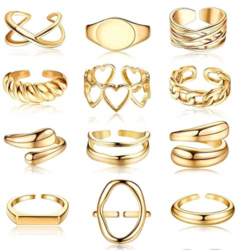 JeryWe 12 Stücke Damen Ringe Set Chunky Statement Fingerringe Breiter Verstellbar Stapelringe Knöchel Ring Offen Verdrehte Midi Bandring für Teenager Mädchen Gold