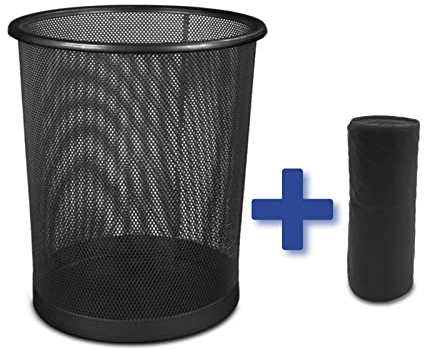 EUROXANTY Papelera de rejilla + Bolsa basura | Papelera de oficina | Papelera de metal | Rejilla para ventilar | Pack 15 bolsas | Negra 19L