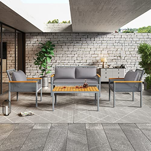 FEZTOY Polyrattan Sitzgruppe für 4 Personen, 4-teilige Balkonmöbel inkl. 2-Sitzer Sofa, Sessel, Sitzpolster und Tisch, Gartenmöbel Set Rattan Sitzbank Garten Balkon Gartensofa Sitzgruppe