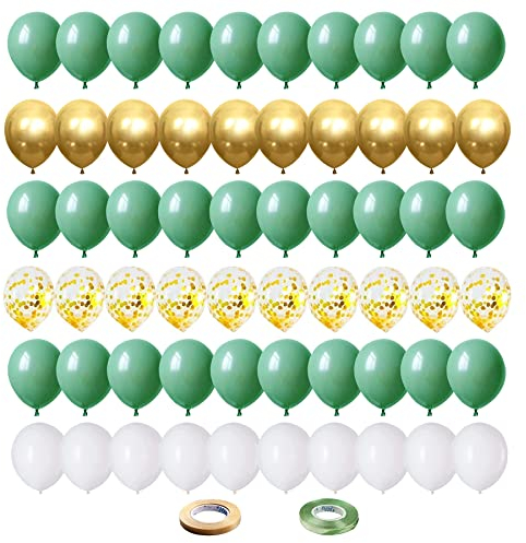 Luftballons Olive Grün Gold Weiß,60 Stück 12 Zoll Salbei grüne Ballons Weiß Metallic Gold Latex Ballons Konfetti Ballons Set für Geburtstag Hochzeit Party Dekoration