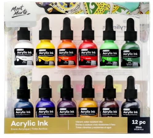 Mont Marte Acrylic Ink Premium 12pc x 20ml (0.7 US fl.oz), Acrylic Inks for Artists, Essential Colours, Ideal for Air Brush, Pouring Art, Scrapbooking, Ink Drawing, Mixed Media