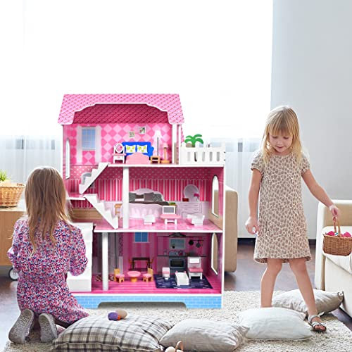 YUENFONG Casa delle Bambole in Legno XXXL - Villa 3 Piani con Accessori e Mobili per Bambini e Ragazze - Regalo di Compleanno - 100×70×36 cm