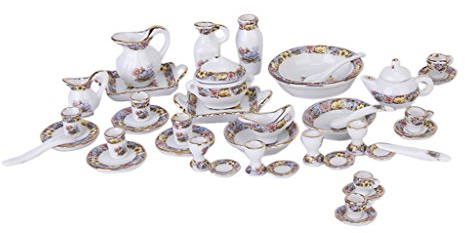 Juego de té de porcelana en miniatura con flores coloridas para decoración de casa de muñecas 1/12