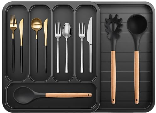 Betoores Expandable Cutlery Drawer Organiser, Utensil Tray for Kitchen Drawers, Large Silverware Organizer Flatware Tray Drawer Insert for Spoons Forks Knives, Plastic, Black