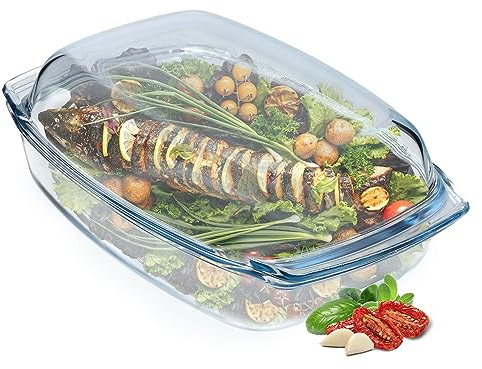 KADAX Cacerola de cristal resistente al calor, recipiente ignífugo, olla de cristal con tapa y asas, vajilla para asar, horno, horno eléctrico, para lasaña, carne, transparente (rectangular derecha, 5