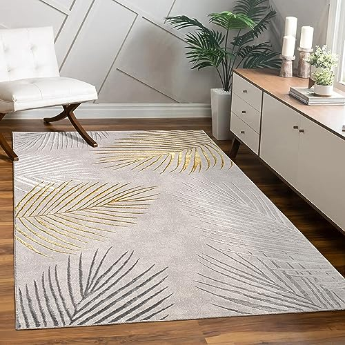 Paco Home Teppich Wohnzimmer Schlafzimmer Moderner Kurzflor glänzendes Palmen-Muster Florales Design Geometrisch Hoch-Tief-Effekt 3D, Grösse:80x300 cm, Farbe:Gold