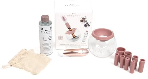 STYLPRO Coffret cadeau : Appareil nettoyant et séchoir pour pinceaux de maquillage en or rose et blanc. Nettoie et sèche en 30s, élimine saleté, impuretés, taches, végétalien, toutes tailles!