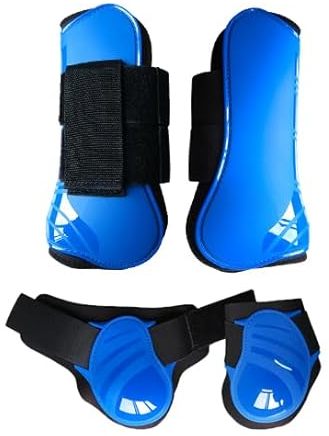 Merauno® Gamaschen Pferde 4er Set Gamaschen Paar für vorne hinter Hartschale und Klettverschluss für Damen& Herren PU Robust Elastisch Tendon Boots Classic (M, Blau)