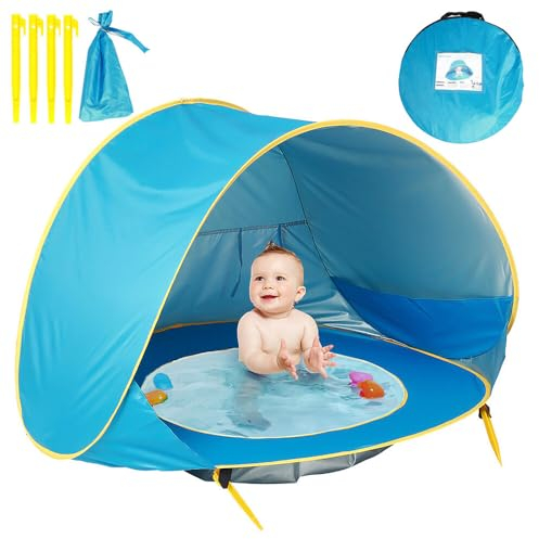 Tente Anti UV Bébé avec Piscine, TGKYK Tente de Plage Pop-Up, Portabilité Tente Anti UV Enfant, Tente de Plage Bebe pour la Protection Solaire des Enfants en Plein Air (Bleu)