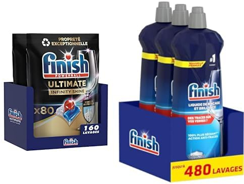 Finish Ultimate Infinity Shine 160 capsules + Finish Liquide de Rinçage Brillance et Séchage x3 Produit Lave-Vaisselle