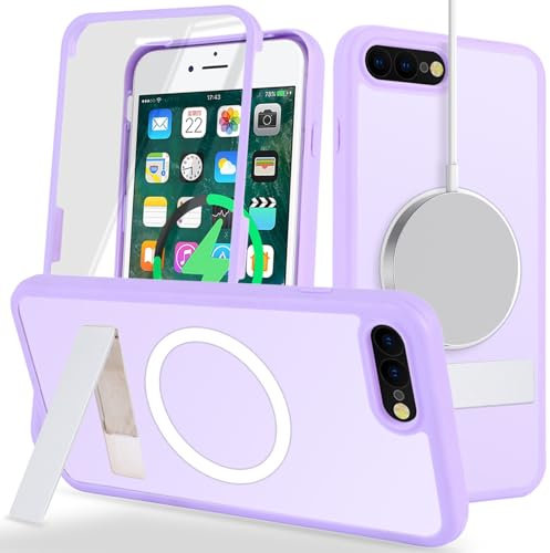 Zouzt for iPhone 7 Plus/8 Plus 5.5 Inch Case with Screen Protector, 360 Full Body with Glass Screen Protector [for Magsafe] [Shockproof] Stand Heavy Duty Protection Phone Case - Purple