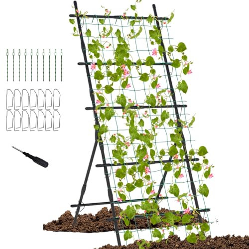 GiantexUK Garden Cucumber Trellis, 31x79Inch A-Frame Plant Support Stand with Netting, Clips & Ties, Outdoor Rustproof Climbing Plants Vegetables Flowers Tomato Garden Trellis