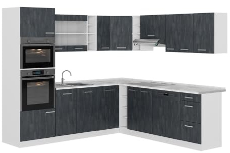 Vicco Einbauküche in L-Form R-Line, Schwarz Beton/Weiß, 247 x 237 cm | 14 Module · Höhenverstellbare Füße · Ohne Arbeitsplatte · Robuste Fronten · Mit Backofen-/Mikrowellenschrank
