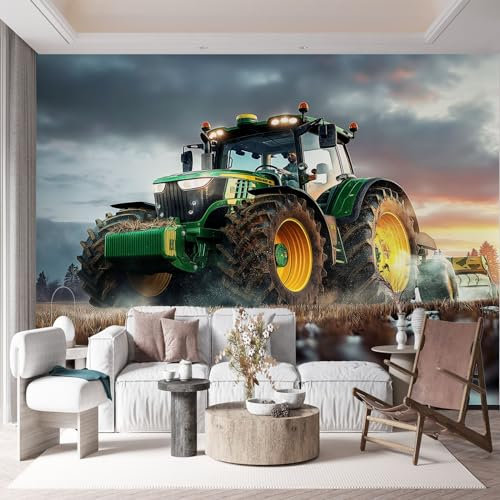 Papier Peint Panoramique Coloré 3D Peinte Tracteur Agricole Intissé Murale, 200 x 140 cm (WxH) Photo Murale pour Salon Chambre d'enfants restaurant Décoration Murale