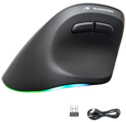 Bluestork - Mouse Verticale Senza Fili 2.4GHz + BT - Ricaricabile Mouse Ergonomico - DPI Regolabile 800-2400DPI - 6 Pulsanti LED RGB - Prevenzione della Sindrome del Tunnel Carpale - PC/Mac/IPAD