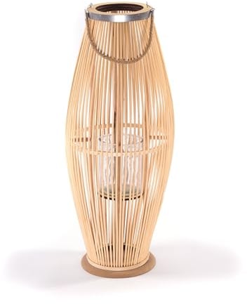 CREEDWOOD Bambus Laterne Zya | mit Henkel und Glaseinsatz | Holz Kerzenhalter, Windlicht, Deko Laterne für Balkon Garten Terrasse Wohnung | Größe: 80 cm