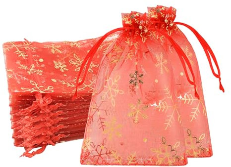 100pk Red Gold Organza Gift Bags,10x15cm Small Organza Favor Bags,Wedding Jewelry Pouches with Drawstring,Mesh Candy Favour Bag Party Sweet Bags for Birthday,Wedding,Christmas,Gift Wrapping