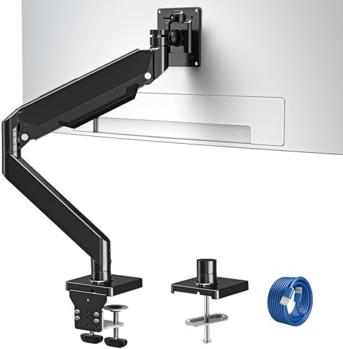 Monitor Desk Mount Fits 22-42'' Heavy Duty Widescreen, Gas Spring Computer Monitor Stand for Desk, Holds 4.4-33 lbs Larger Screen, Ultrawide Monitor Arm with USB, VESA Mount Clamp/Grommet Base