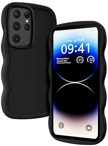 XINYEXIN Flüssiges Silikon Hülle für Samsung Galaxy S24 Ultra 5G, Wellen Lockige Form Niedliche Weiche Stoßfestes Handy Schutzhülle - Schwarz
