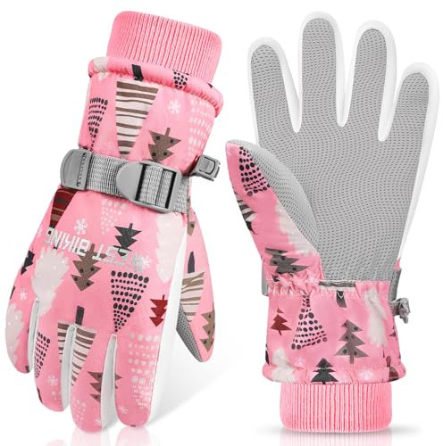 Kinder Winterhandschuhe Winddicht Warme Skihandschuhe Thermofleece Wasserabweisend Schnee Cartoon kinderhandschuhe Outdoor Snowboarding Radfahren Handschuhe für 3-12 Kinder Jungen Mädchen (Pink, M)