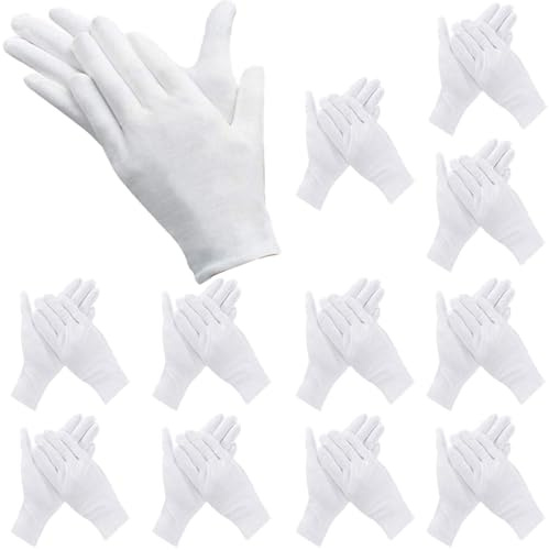 Weiße Handschuhe Baumwolle, 12 Paar Stoff Handschuhe Weiss, Care Baumwollhandschuhe, Bequem und Atmungsaktiv, für Hautpflege, Schmuck Untersuchen, Tägliche Arbeit usw, Weiß