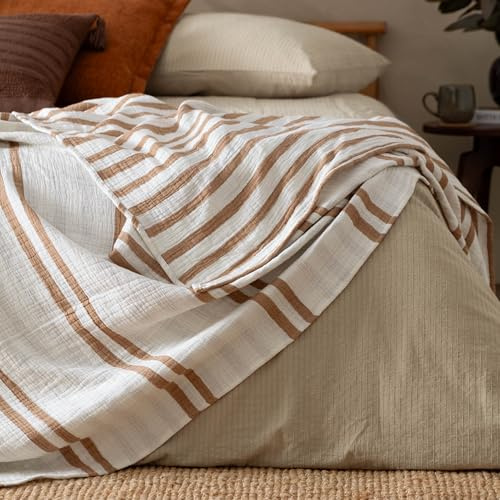 Yard Woven Stripe Cotton Bedspread (Cinnamon, 140 x 220 cm) | Reversible cotton muslin bedspread with woven stripe texture