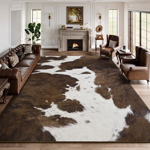 DweIke Cow Print Rugs for Living Room, 6x9 Large Soft Brown Faux Animal Cowhide Area Rug, Washable Non-Slip Stain Resistant Throw Carpet for Dining Room Office Western Home Decor
