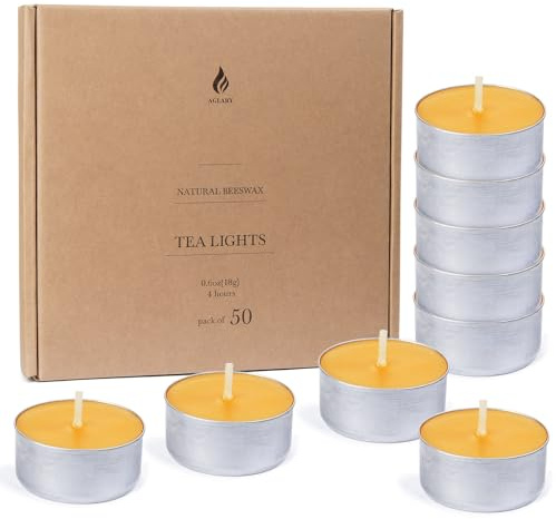 50-Pack Pure Beeswax Tealight Candles in Aluminum Cups - 4-5 Hour Burn Time, Lead-Free Cotton Wick, Natural Unscented Candles