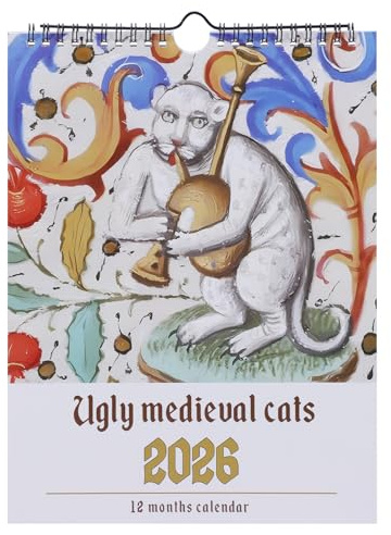 Fjquamitix Hässlicher Mittelalterlicher Katzenkalender 2026 Lustiger Kalender 2026 – Seltsamer Historischer Katzen-Monatsplaner für Wandkunst, Gag-Geschenk für Katzenliebhaber & Geschichtsfans