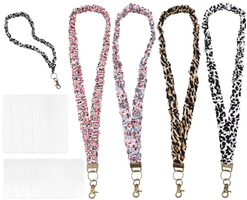 4 Stück Scrunchie Lanyards mit Horizontalem und Vertikalem Ausweishalter, Buntes Dehnbares Umhängeband Scrunchie für Frauen Männer Lehrer Ärzte Personal