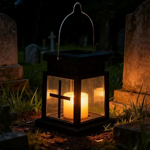 Laterne Schwarz für Kerzen Deko, Solar Laternen für Draußen Grablaterne Friedhof Wetterfest Garten Deko Draußen Kerzenhalter mit LED Kerzen Aufhängbar Gartenlaterne Weihnachtsdeko Outdoor (A)