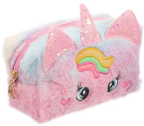 GAROZATION Plüsch Einhorn Kosmetiktasche für Mädchen Weiche Kulturbeutel mit Großem Stauraum Handlich für Reisen und Teenager Leichter Reise Make up Organizer für Damen