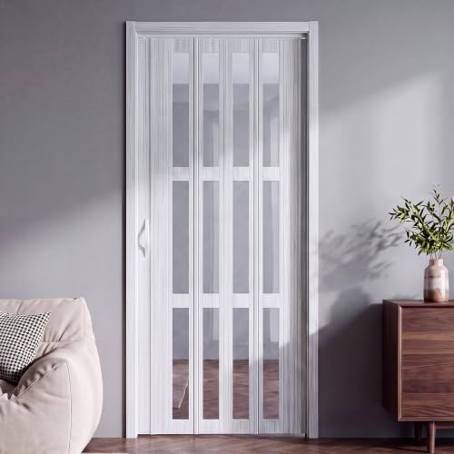 INMOZATA Folding Door PVC Plastic Internal Doors Sliding Concertina Door Panel Divider (White, Transparent Glass)